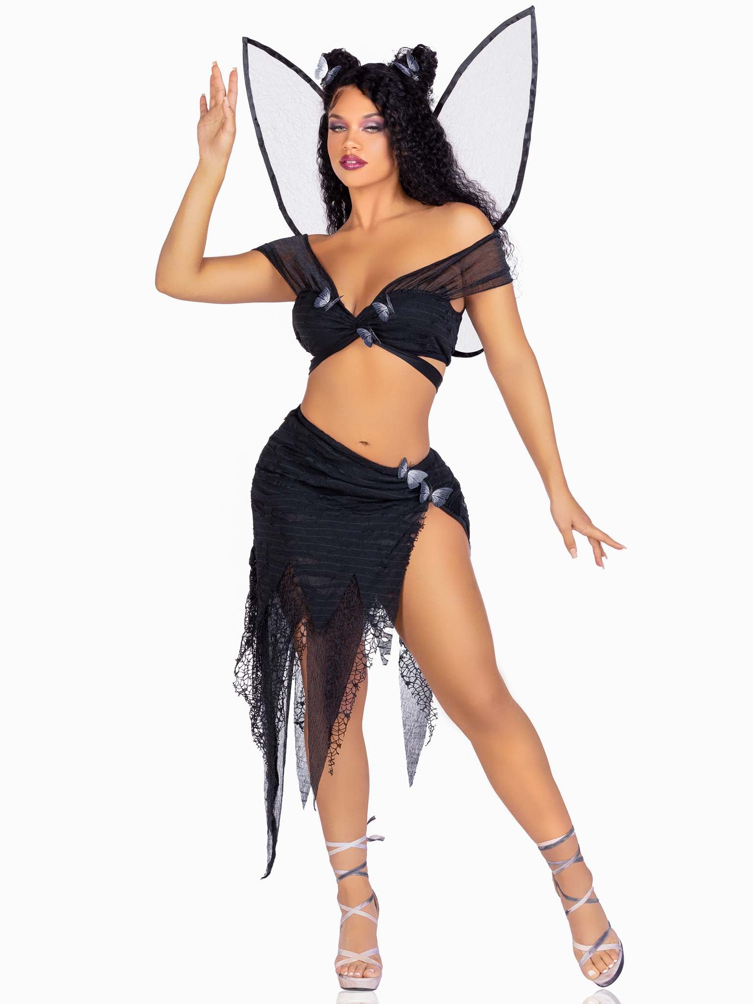 4 PC Dark Fairy, includes wrap around crop top with butterfly accents, asymmetrical skirt with distressed net overlay, butterfly