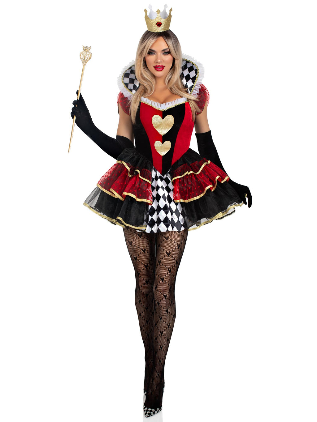 2 PC Queen of Hearts, includes tiered dress with stay up collar, built-in petticoat, and crown.