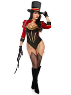 2 PC Ravishing Ringmaster, includes gold trimmed garter teddy with snap crotch and attached velvet tail coat, and top hat.