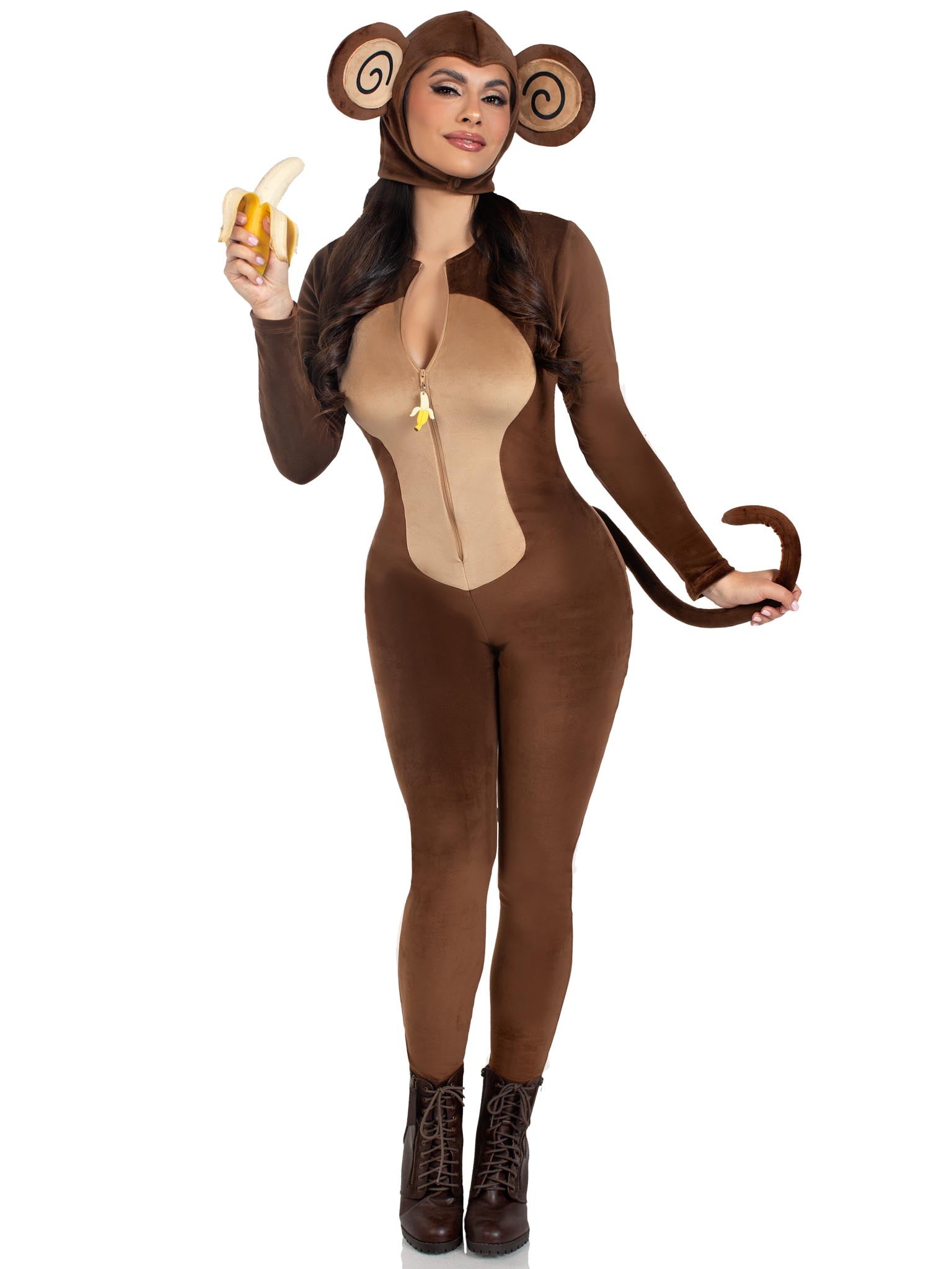 2 PC Cheeky Monkey, includes ultra-soft velvet plush catsuit with banana zipper pull and cheeky monkey butt, wired tail, and ear