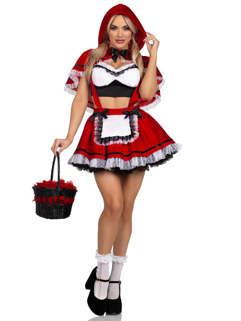 3 PC Flirty Miss Red, includes lace trimmed crop top, suspender skirt, and hooded cape.