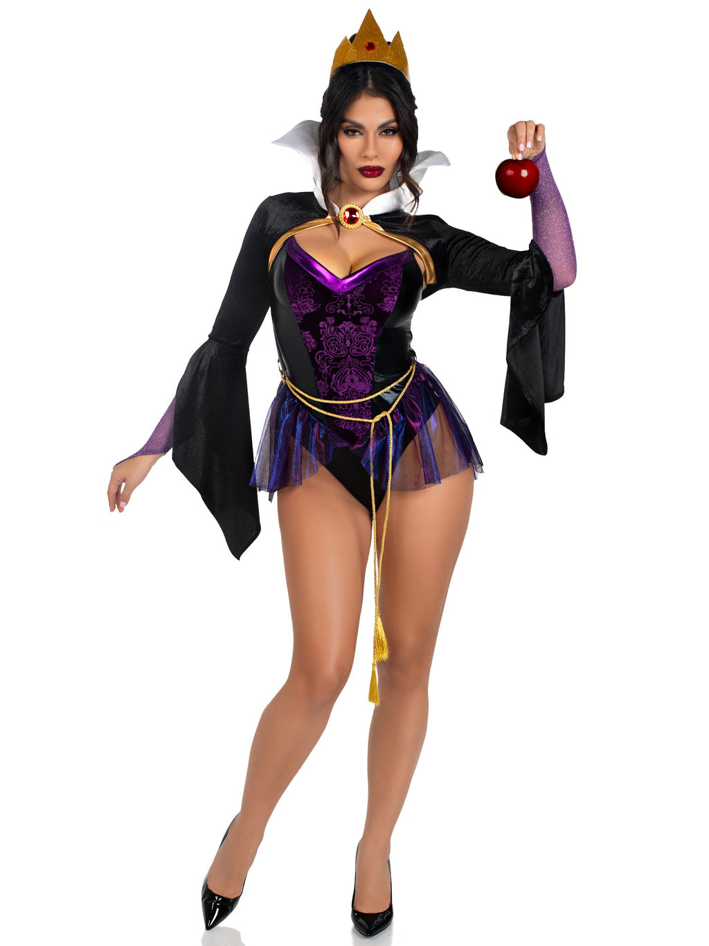 4 PC Poison Apple Queen, includes snap crotch bodysuit with velvet brocade detail and iridescent skirt, velvet shrug with jewel 