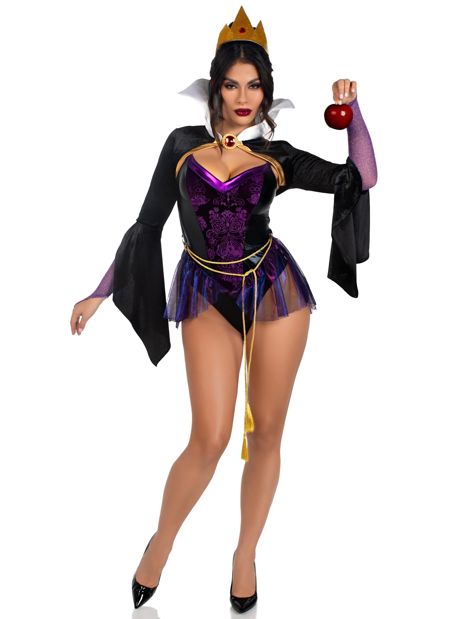 4 PC Poison Apple Queen, includes snap crotch bodysuit with velvet brocade detail and iridescent skirt, velvet shrug with jewel 