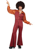 Disco Leisure Suit, features zip-up bell bottom jumpsuit.