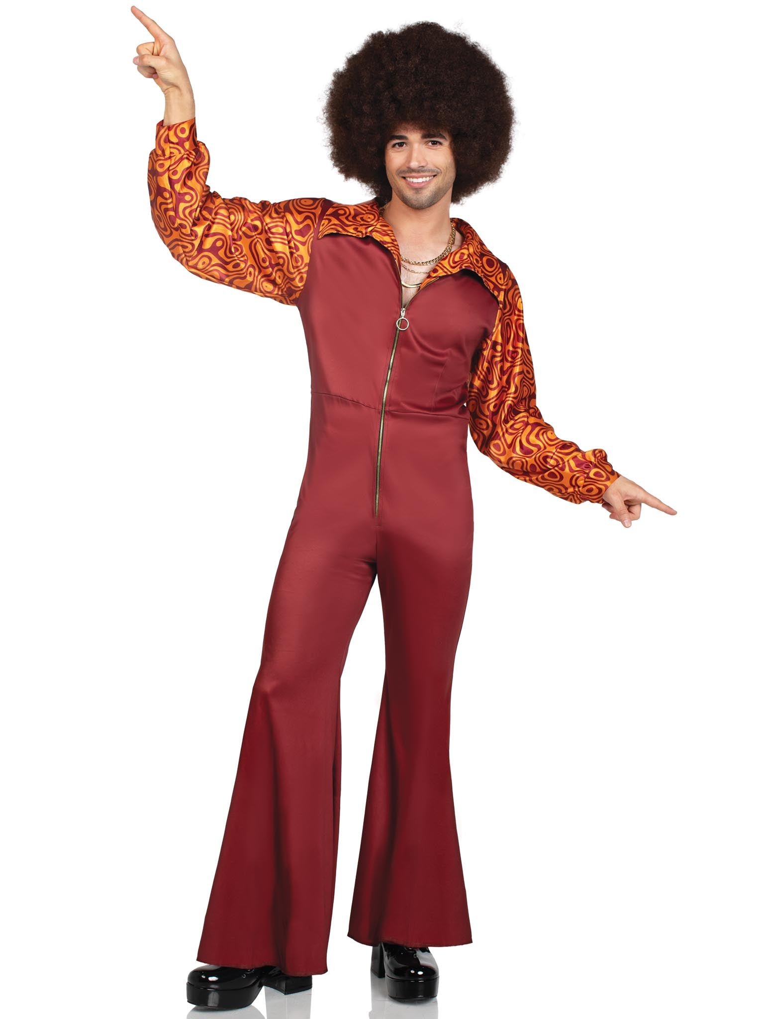 Disco Leisure Suit, features zip-up bell bottom jumpsuit.