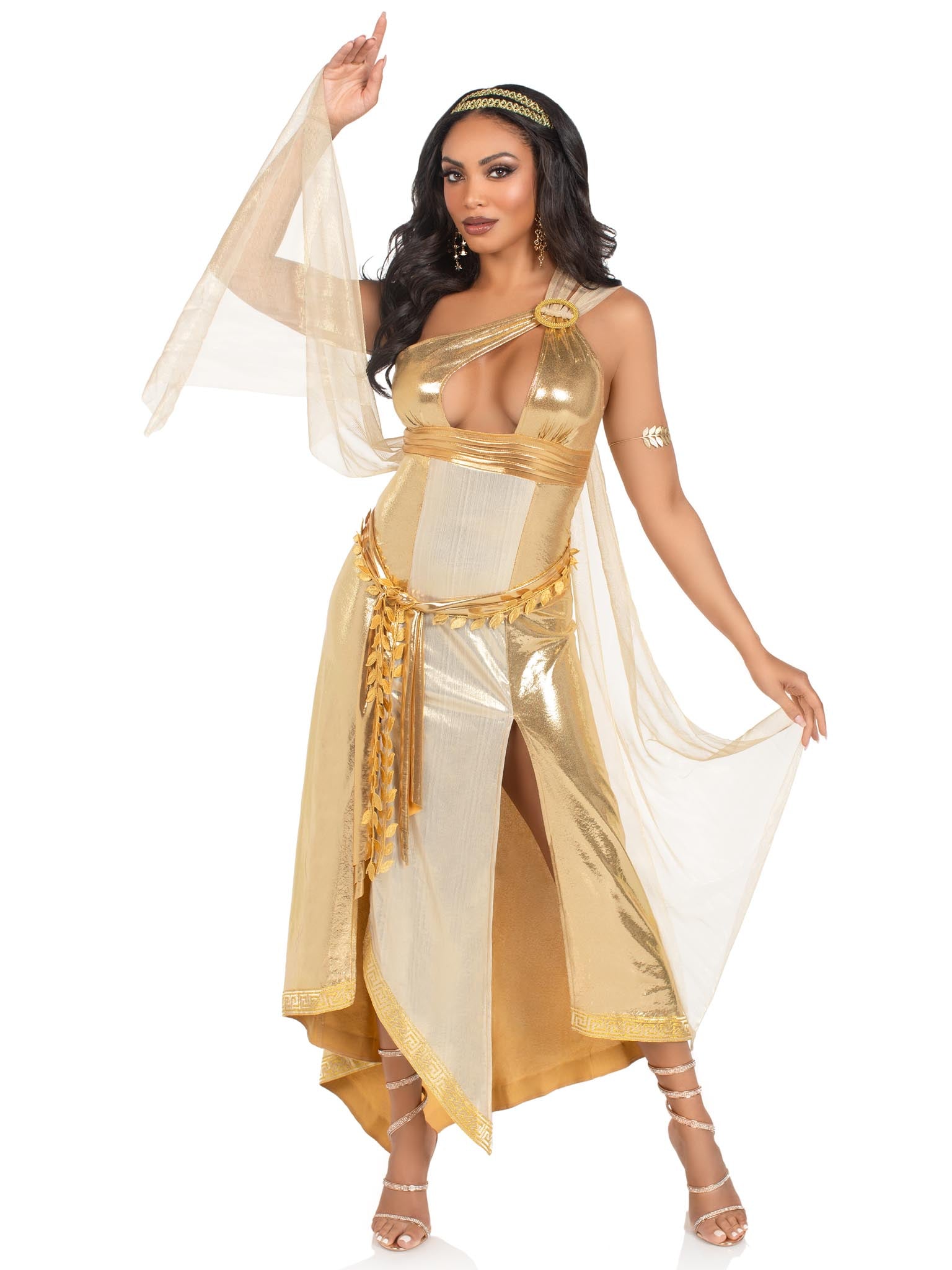 3 PC Golden Goddess, includes asymmetrical shimmer dress with one-shoulder buckle accent and ribbon trim, attached iridescent dr