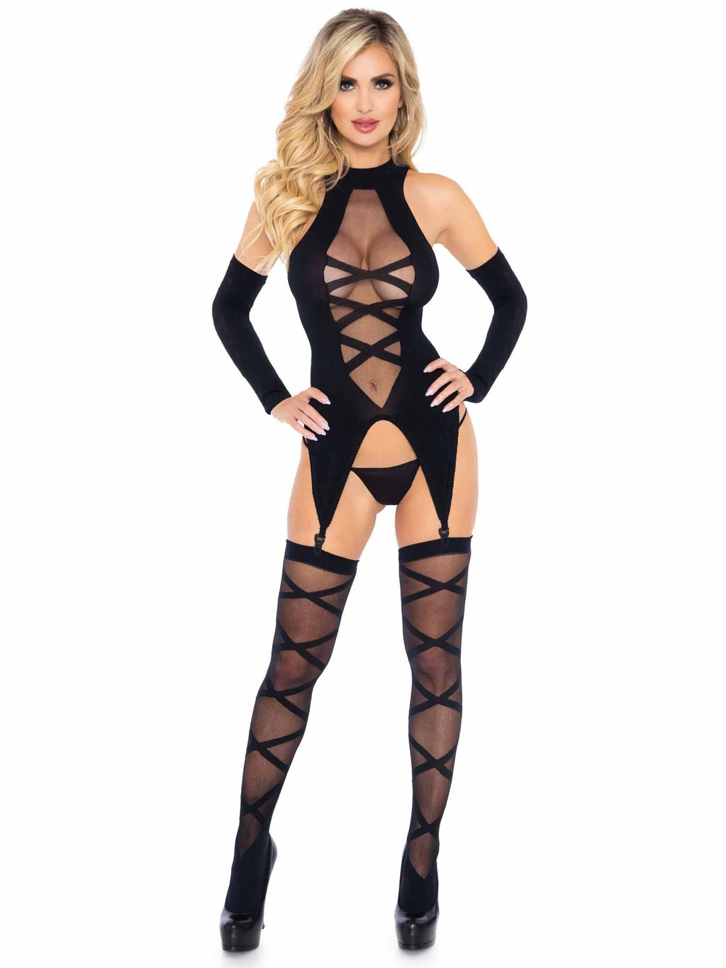 3PC.Opaque sheer faux lace up cami garter, stockings,gloves O/S BLACK
