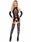 3PC.Opaque sheer faux lace up cami garter, stockings,gloves O/S BLACK