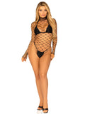 High neck fence net long sleeved bodysuit with snap crotch thong panty
