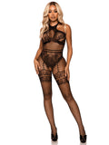Seamless Industrial Net halter bodystocking with faux lace lingerie detail.