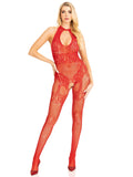 Seamless rhinestone fishnet bodystocking with keyhole and lace lingerie detail.