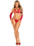3 PC Mini heart net keyhole crossover crop top, dual strap g-string, and gauntlet gloves.