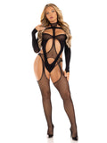 2 PC Fishnet halter suspender bodystocking and layered opaque cut-out teddy.