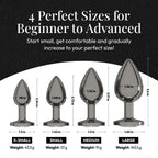 Session Jewel Butt Plug Beginner 4 Piece Set - Extra Small, Small, Medium, Large - Wide Base Prevents Slippage - Metal Anal Sex