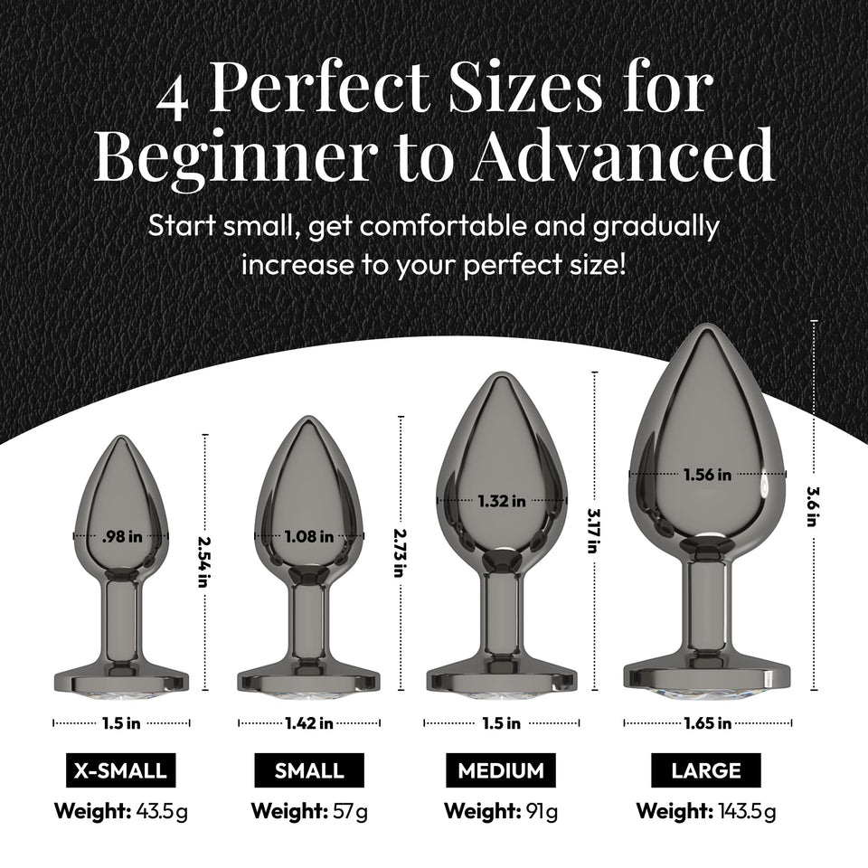 Session Jewel Butt Plug Beginner 4 Piece Set - Extra Small, Small, Medium, Large - Wide Base Prevents Slippage - Metal Anal Sex