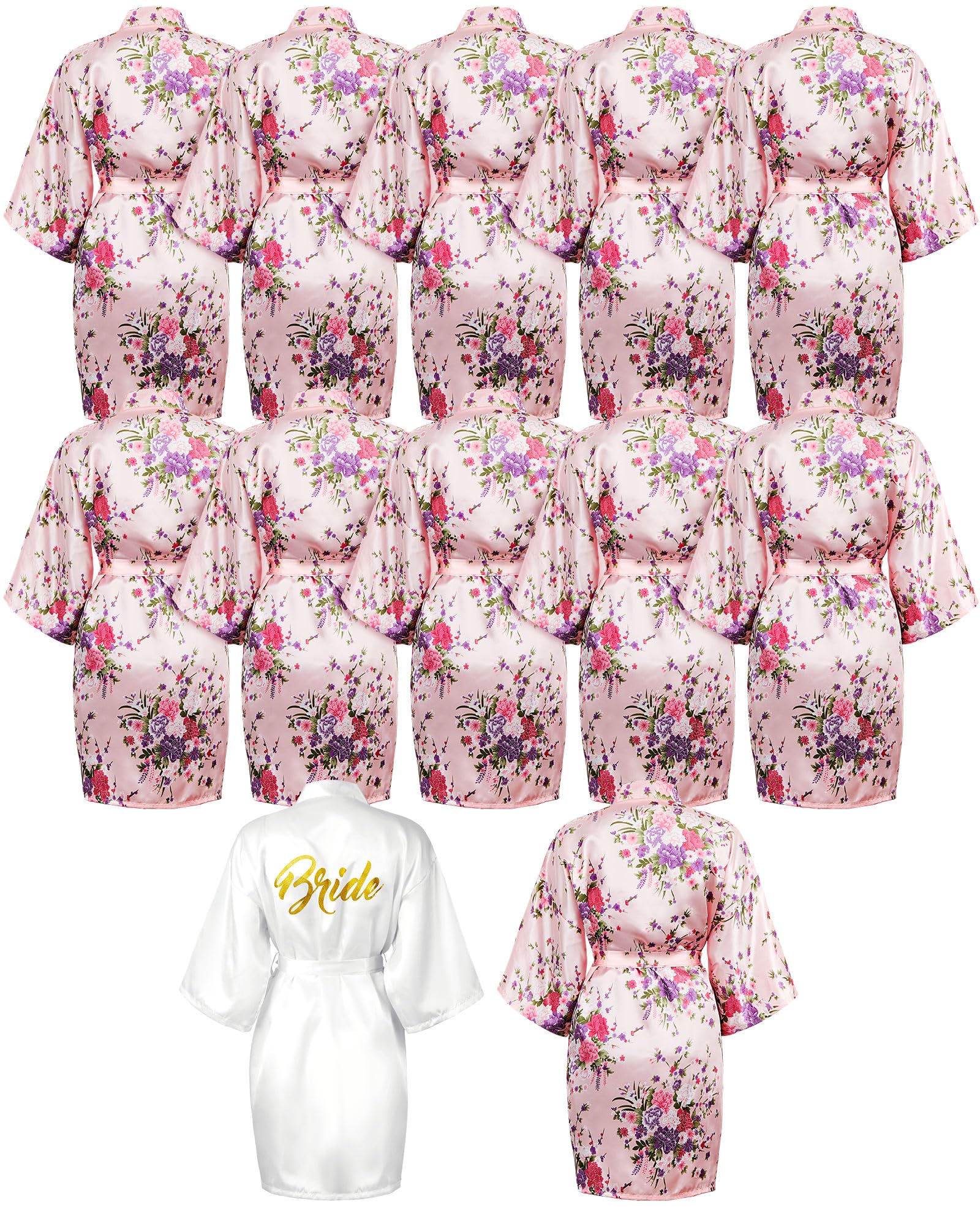 Patelai 12 Pcs Bride Bridesmaid Robe Set Floral Glitter Short Satin Kimono Robe for Women Bachelorette Party(White, Pink)