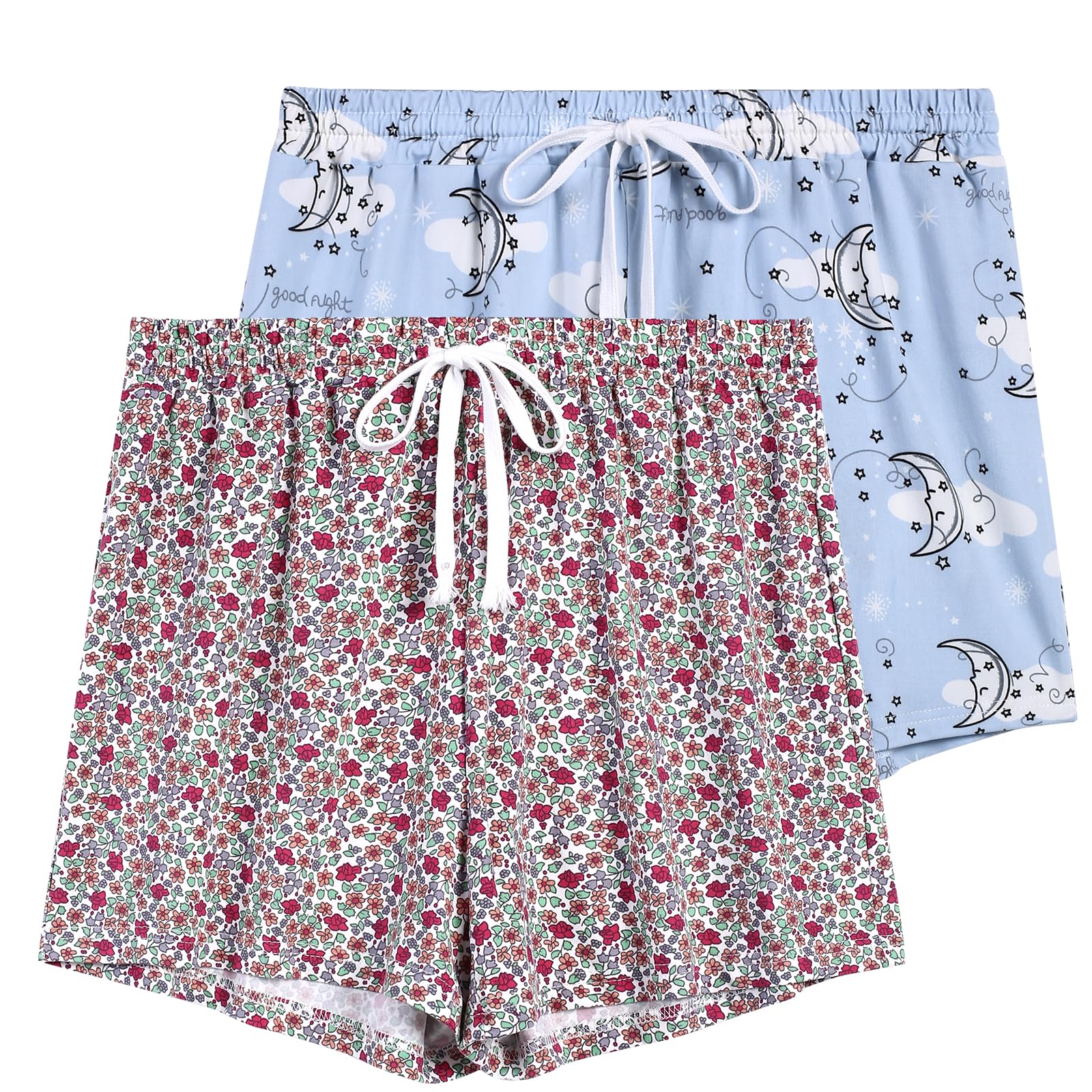 Korelayer 2 Pack Pajama Shorts for Women Cotton Sleep Shorts Casual Lounge Pants Drawstring Pj Bottoms,Flowers & White Clouds,La