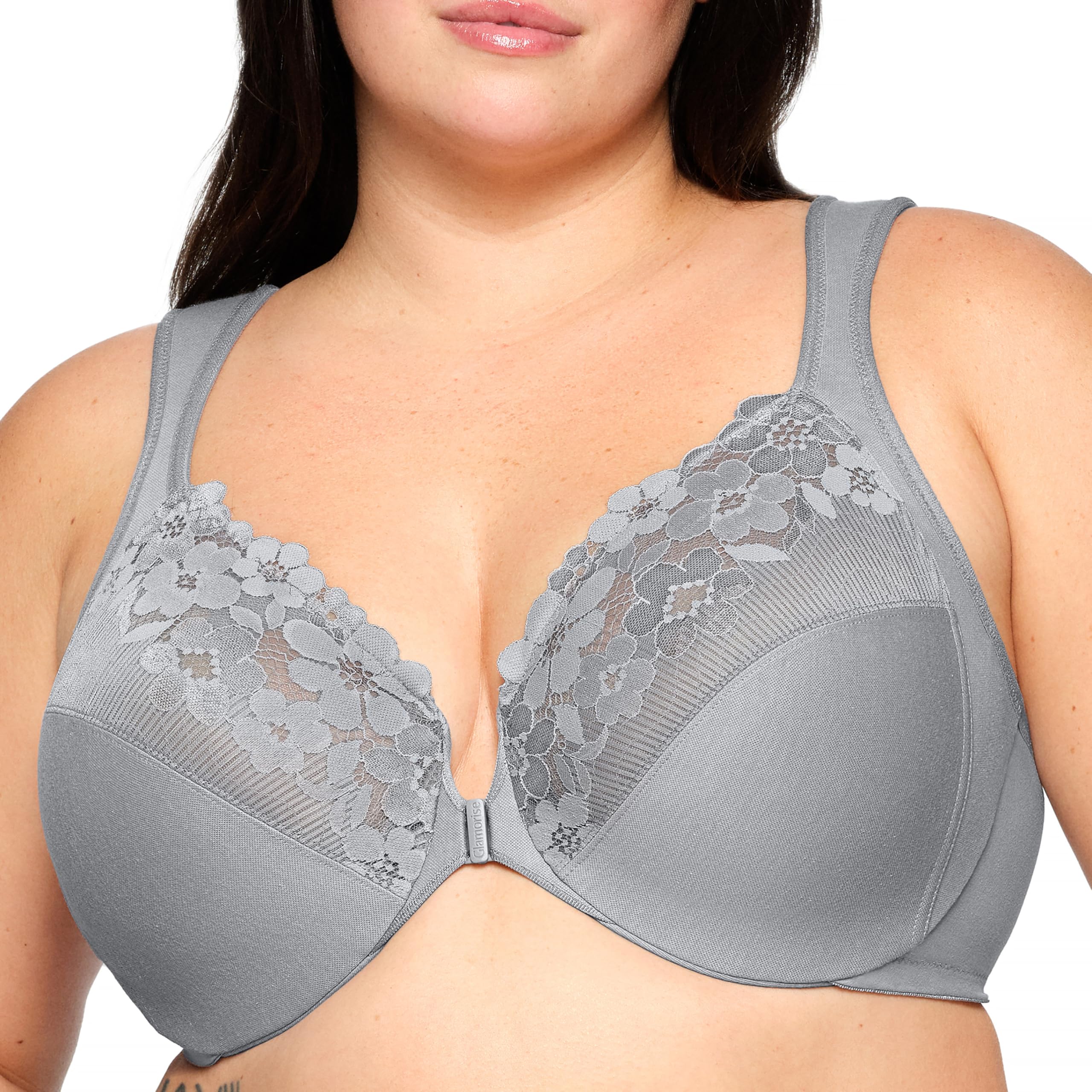 Glamorise Full Figure Plus Size Front-Closure Cotton Wonderwire Bra Underwire #1241 Silver