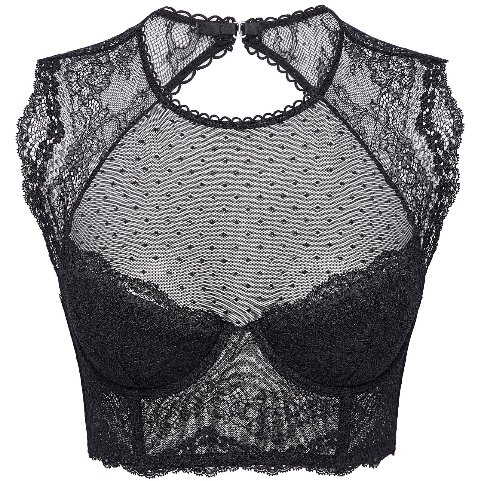 DOBREVA Womens Lace Corset Top Sexy Bralette Bustier Bra Underwire Plus Size Crop Top Black 32A