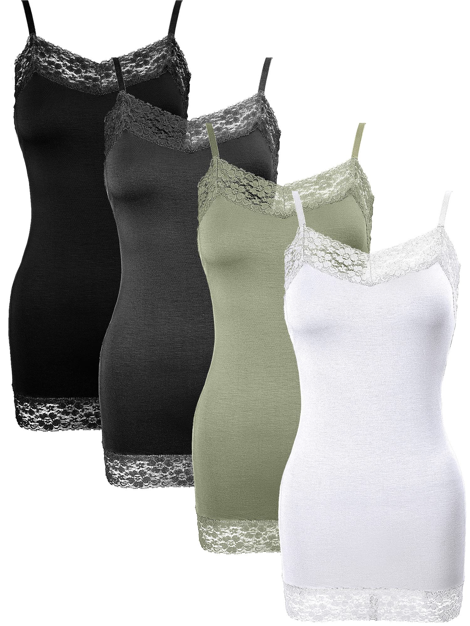 Bencailor 4 Pcs Womens Long Tank Tops, Lace Camisole Neck Cami Adjustable Spaghetti Strap Undershirts for Women (XX-Large,Black