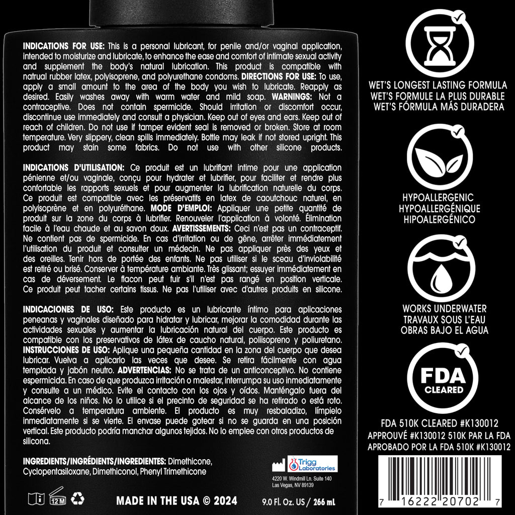 Wet Platinum Silicone Based Lube 9 Oz Bottle Ultra Long Lasting Premium Personal Luxury Lubricant Men Women & Couples Condom Compatible Water Resistant Non Sticky Hypoallergenic Paraben Free