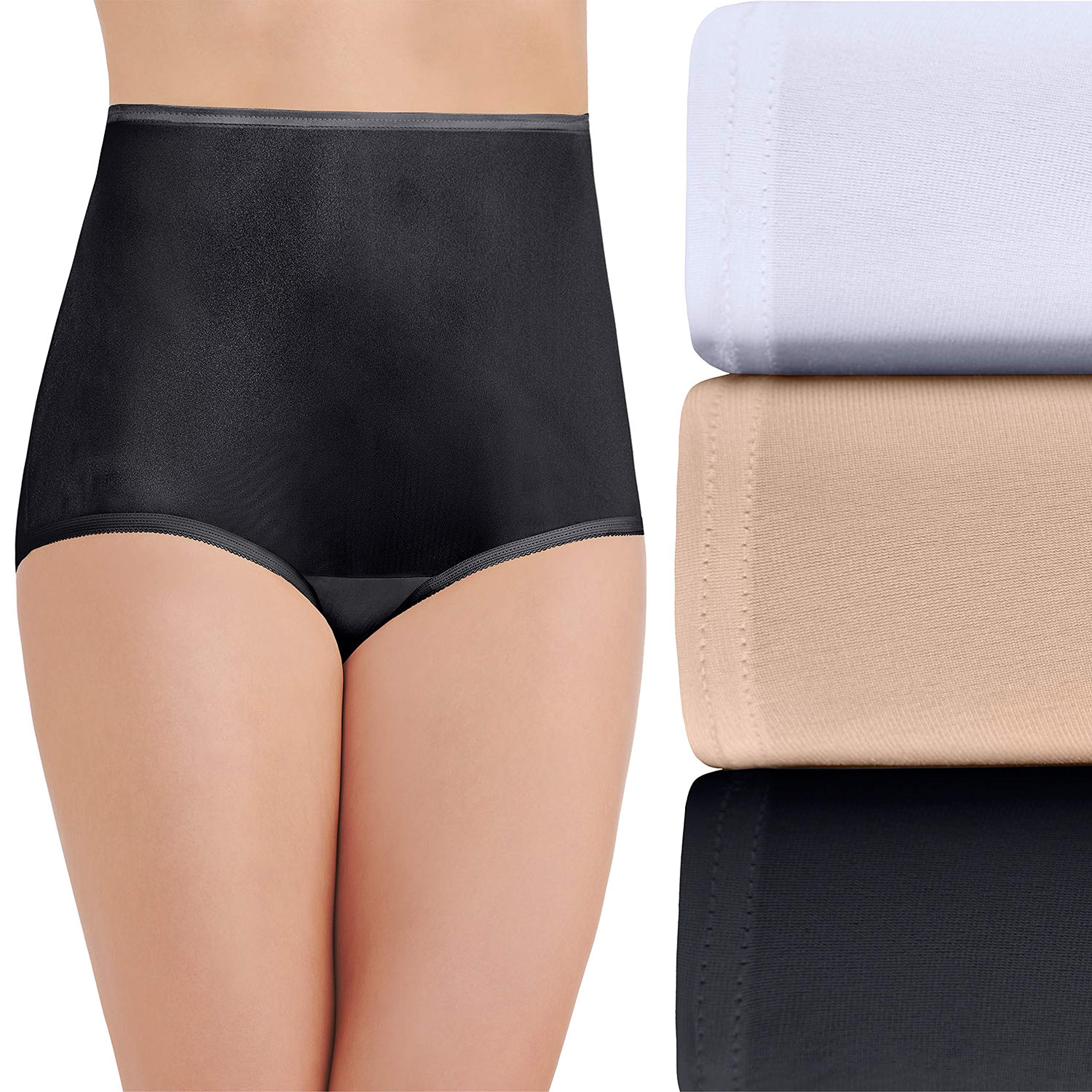 Vanity Fair Womens Perfectly Yours Ravissant Tailored Nylon Brief (Pack of 3),White/ Black/ Nude,Large/7