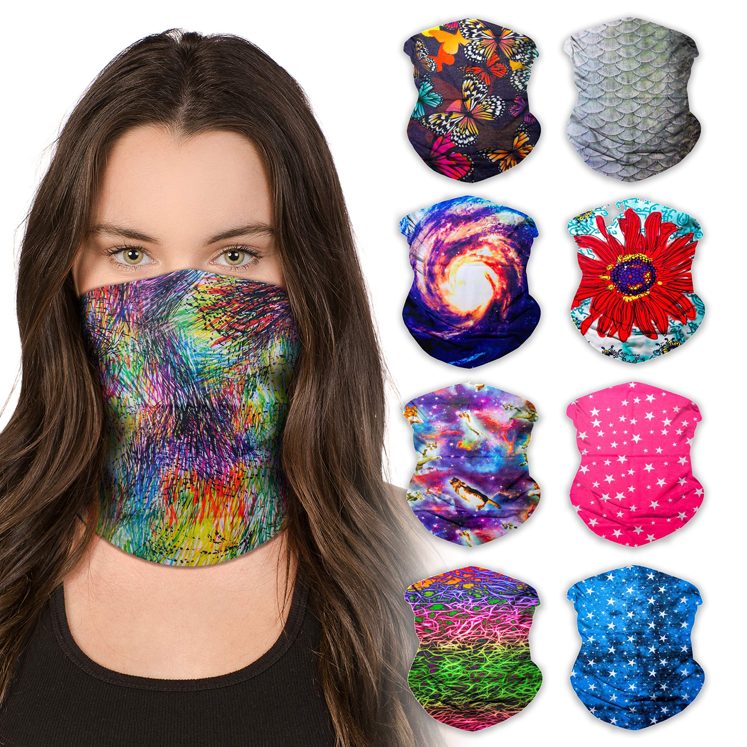 SoJourner Bags Neck Gaiter Face Mask Bandana (9 Pack) - Neck Gators Face Coverings for Men & Women I Rave Accessories for Hallow