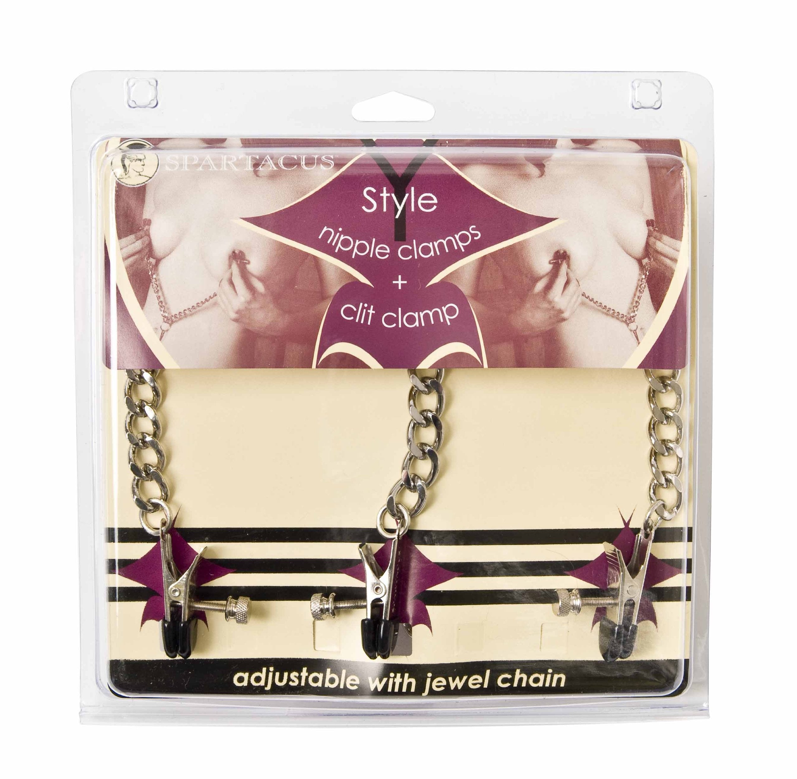 Spartacus Y Style Adjustable Broad Tip Nipple Clamps With Clit Clamp, Silver