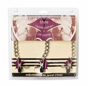Spartacus Y Style Adjustable Broad Tip Nipple Clamps With Clit Clamp, Silver
