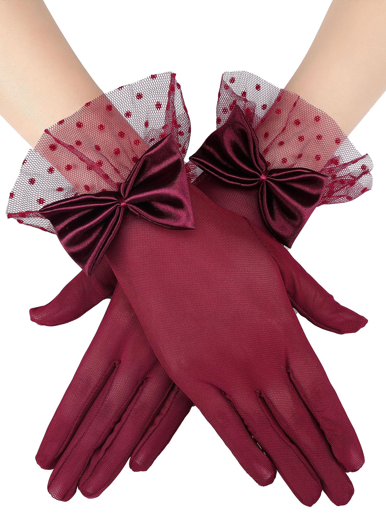Bencailor Women Lace Gloves Wedding Tea Party Gloves Bow Short Mitten Elegant Accessories for 1920s Opera Funeral(Burgundy,Lace 
