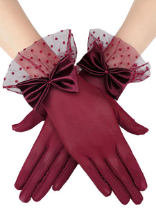Bencailor Women Lace Gloves Wedding Tea Party Gloves Bow Short Mitten Elegant Accessories for 1920s Opera Funeral(Burgundy,Lace 