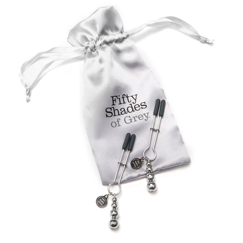 Fifty Shades Of Grey The Pinch Nipple Clamps - Adjustable Weight Metal Nipple Clamps For Sex Pleasure - Silicone Coated Clip - Includes Satin Bag - Silver