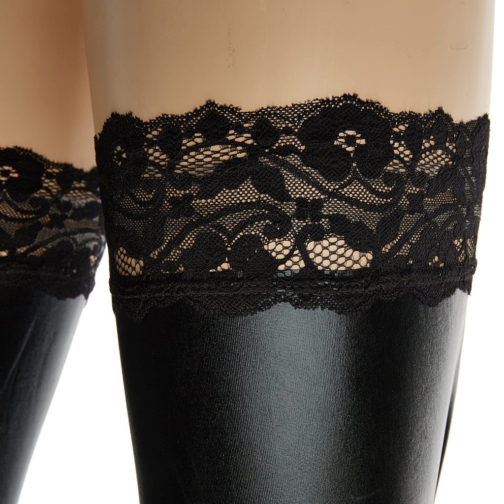 Coquette Women'S Wet Look Thigh High Stay Up Stockings With Lace, Black, One Size