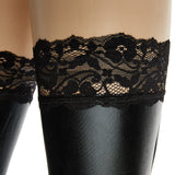 Coquette Women'S Wet Look Thigh High Stay Up Stockings With Lace, Black, One Size