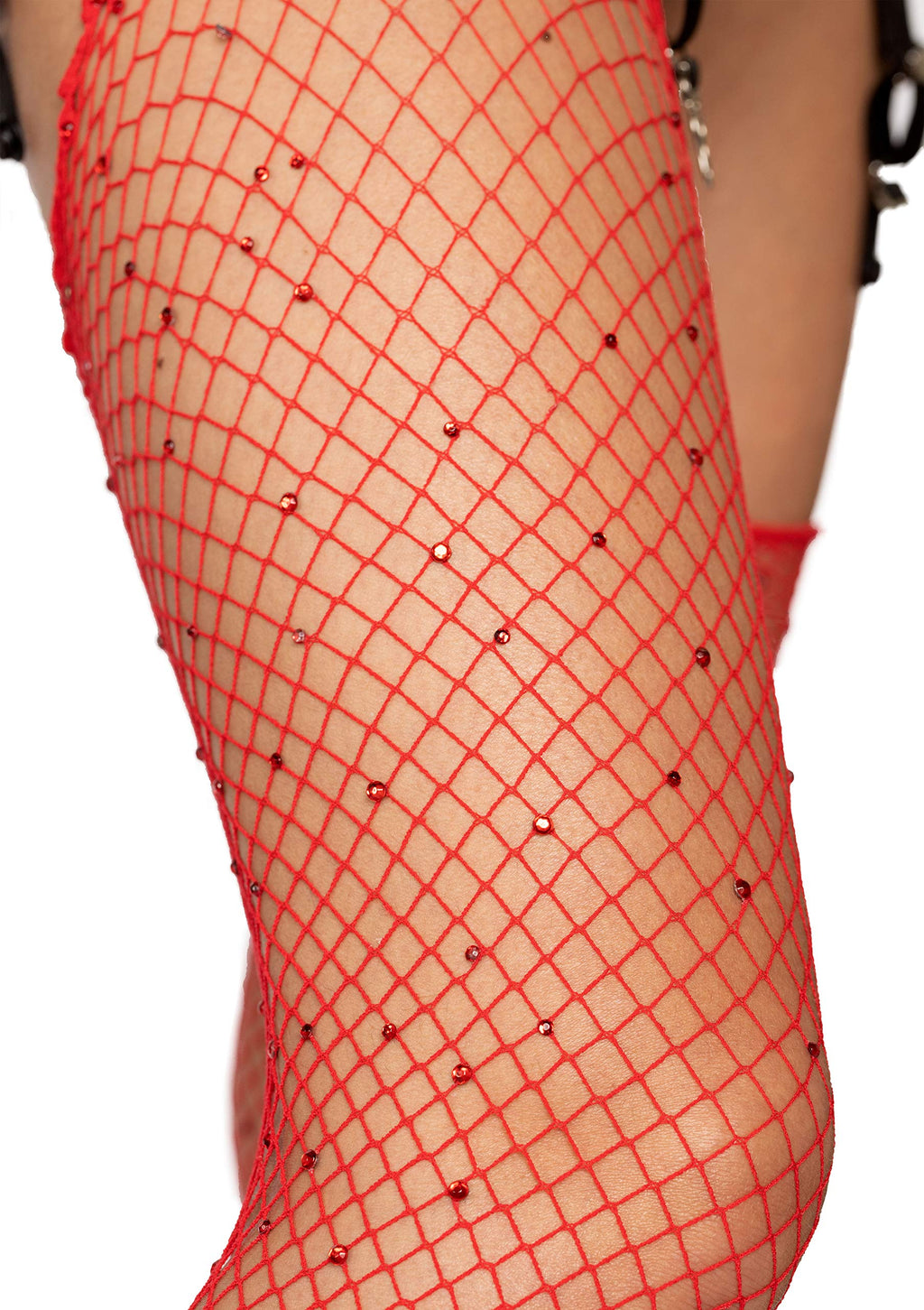 Rhinestone Fishnet Stockings. - O/S / Red