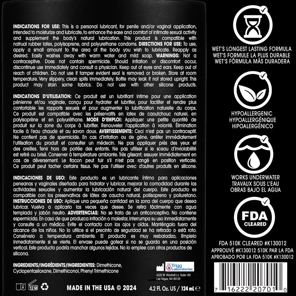 Wet Platinum Silicone Based Lube, 4.2 Oz Bottle, Ultra Long Lasting Premium Personal Luxury Lubricant, Men Women & Couples Condom Compatible Water Resistant Non Sticky Hypoallergenic Paraben Free