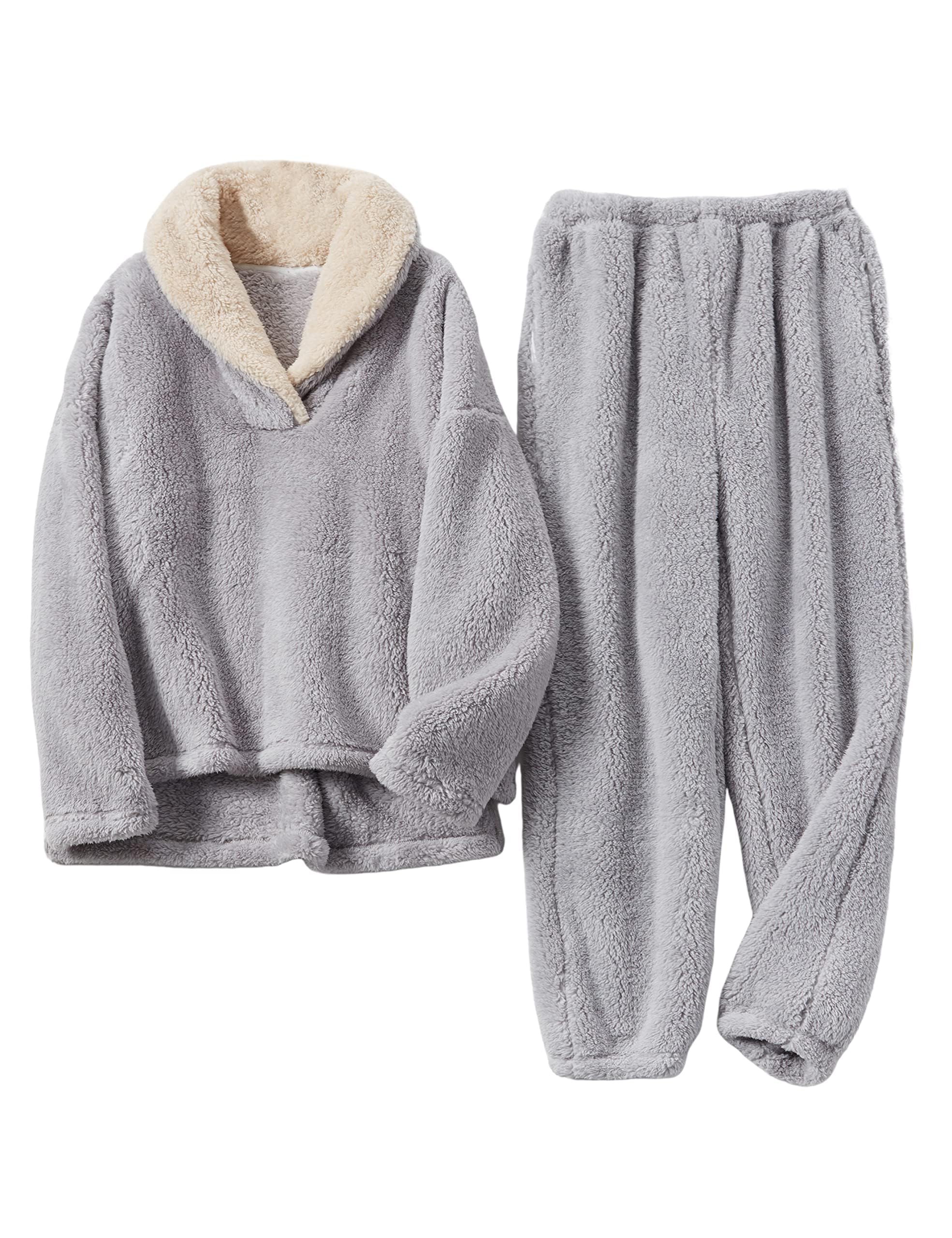 Springrain Fluffy Pajamas Set for Women Warm Fleece Pjs Set Pullover Pants Fuzzy Lounge Set(Grey-L)