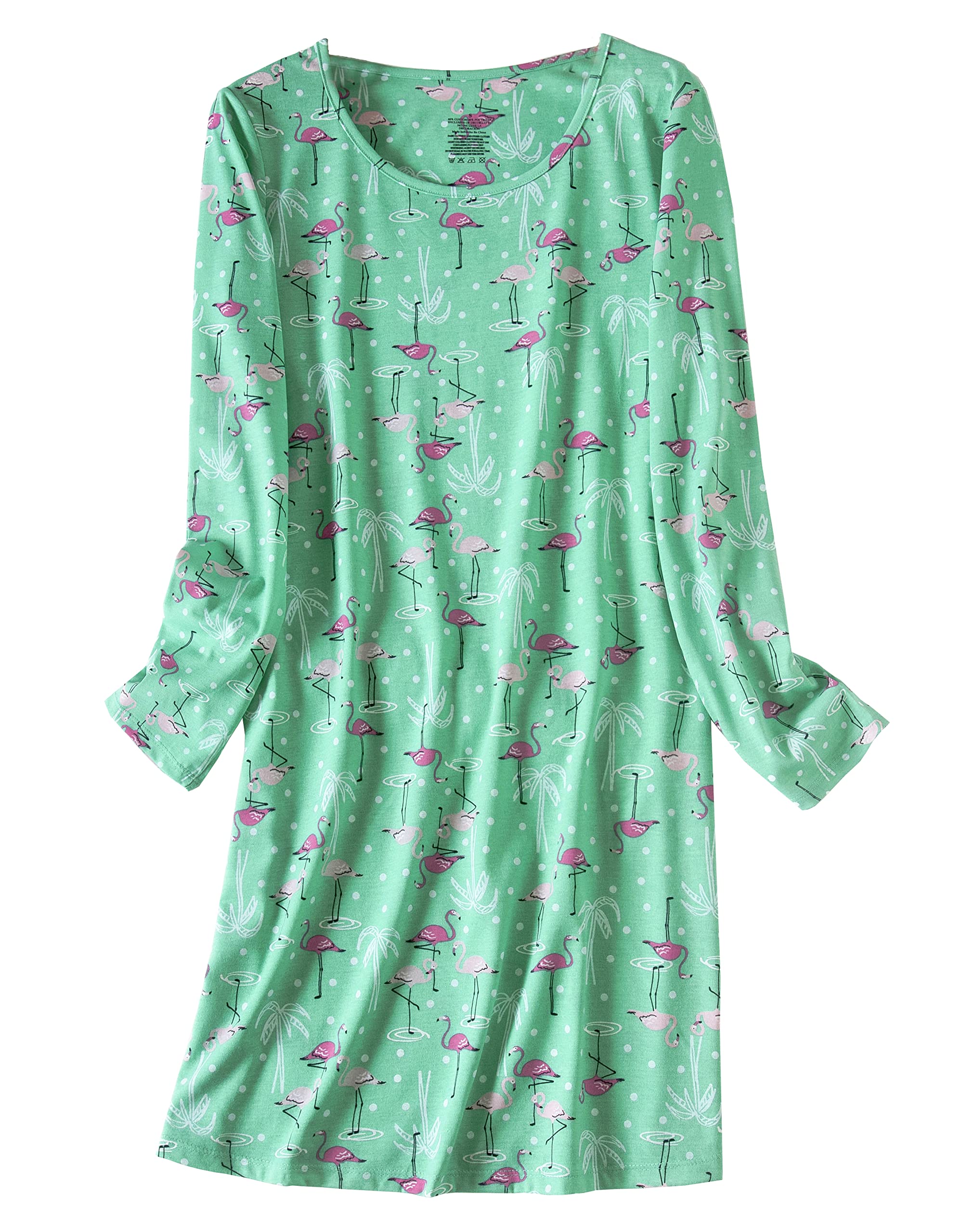 PNAEONG Womens Cotton Sleepwear Long Sleeves Nightgown Print Tee Sleep Dress XTSY109-Long Green Flamingo-XL