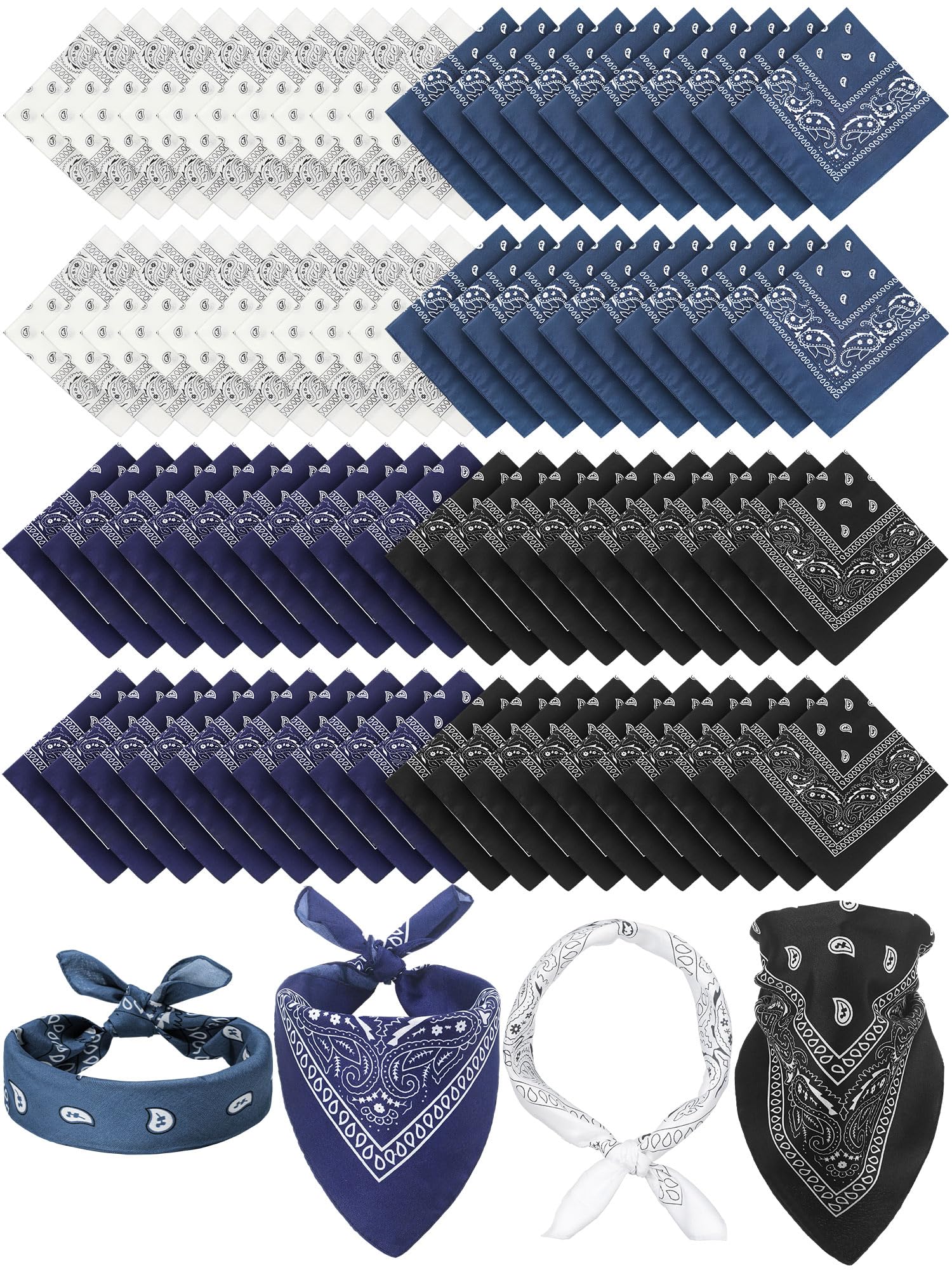 Unittype 100 Pieces Paisley Bandanas Bulk Unisex Cowboy Bandanas Assorted Headband Square Scarf for Party Costume(Navy Blue,Blac
