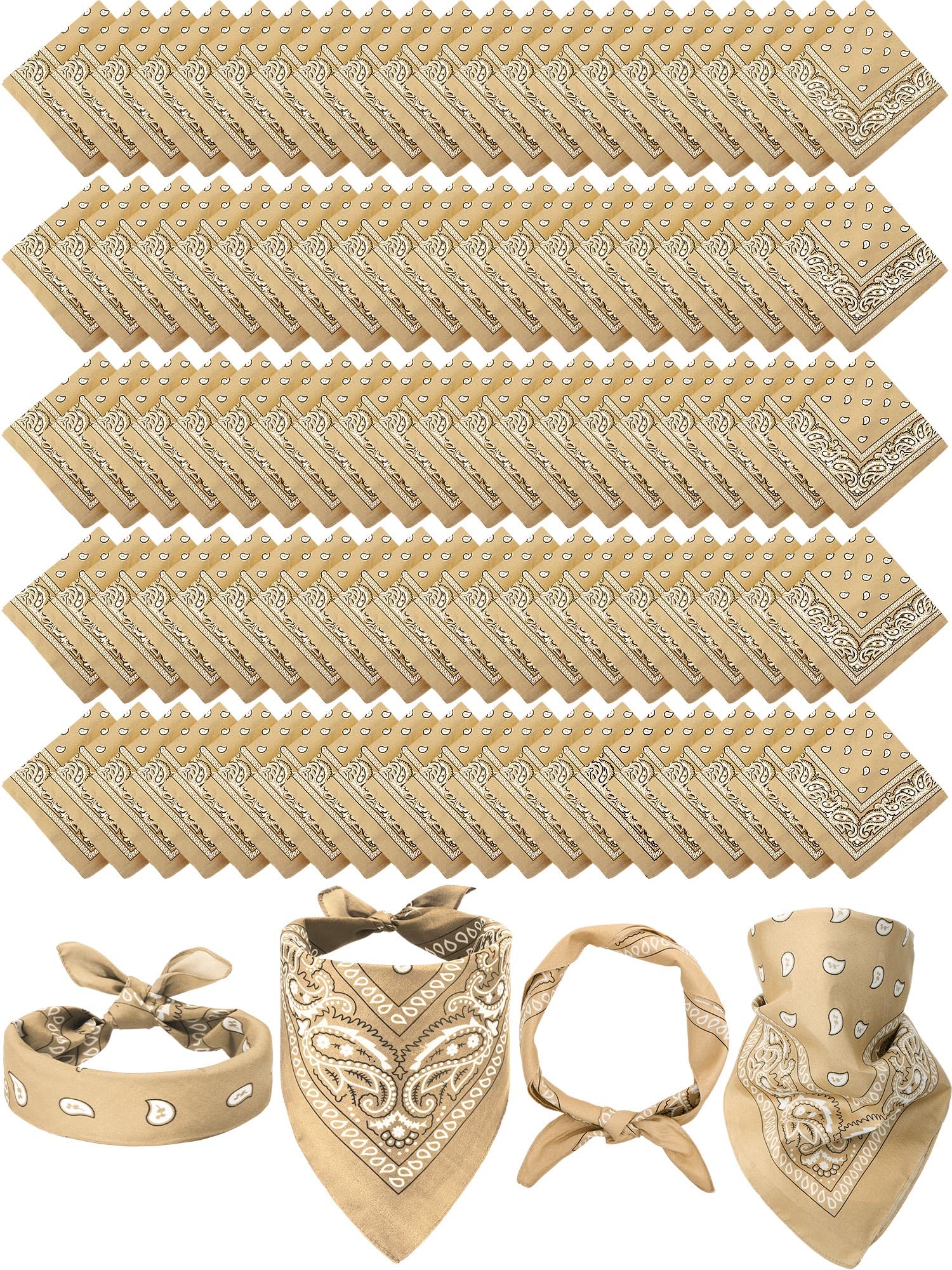 Unittype 100 Pieces Paisley Bandanas Bulk Unisex Cowboy Bandanas Assorted Headband Square Scarf for Party Costume(Beige Color,Cl
