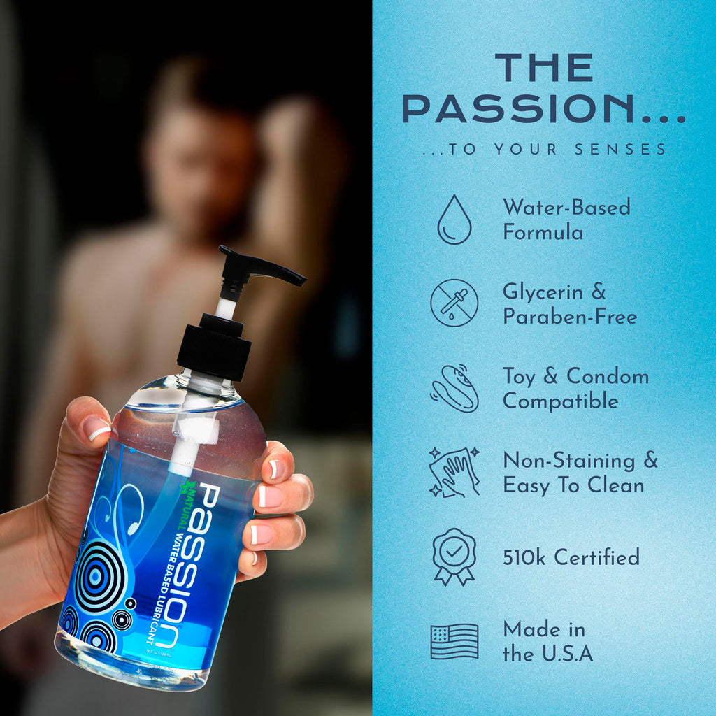 Passion 16 Oz Premium Water-Based Personal Lubricant For Men Women And Couples. Long Lasting Water Based Gel. Non Staining, Non Scented, Non Sticky. Easy Clean Up. Made In Usa
