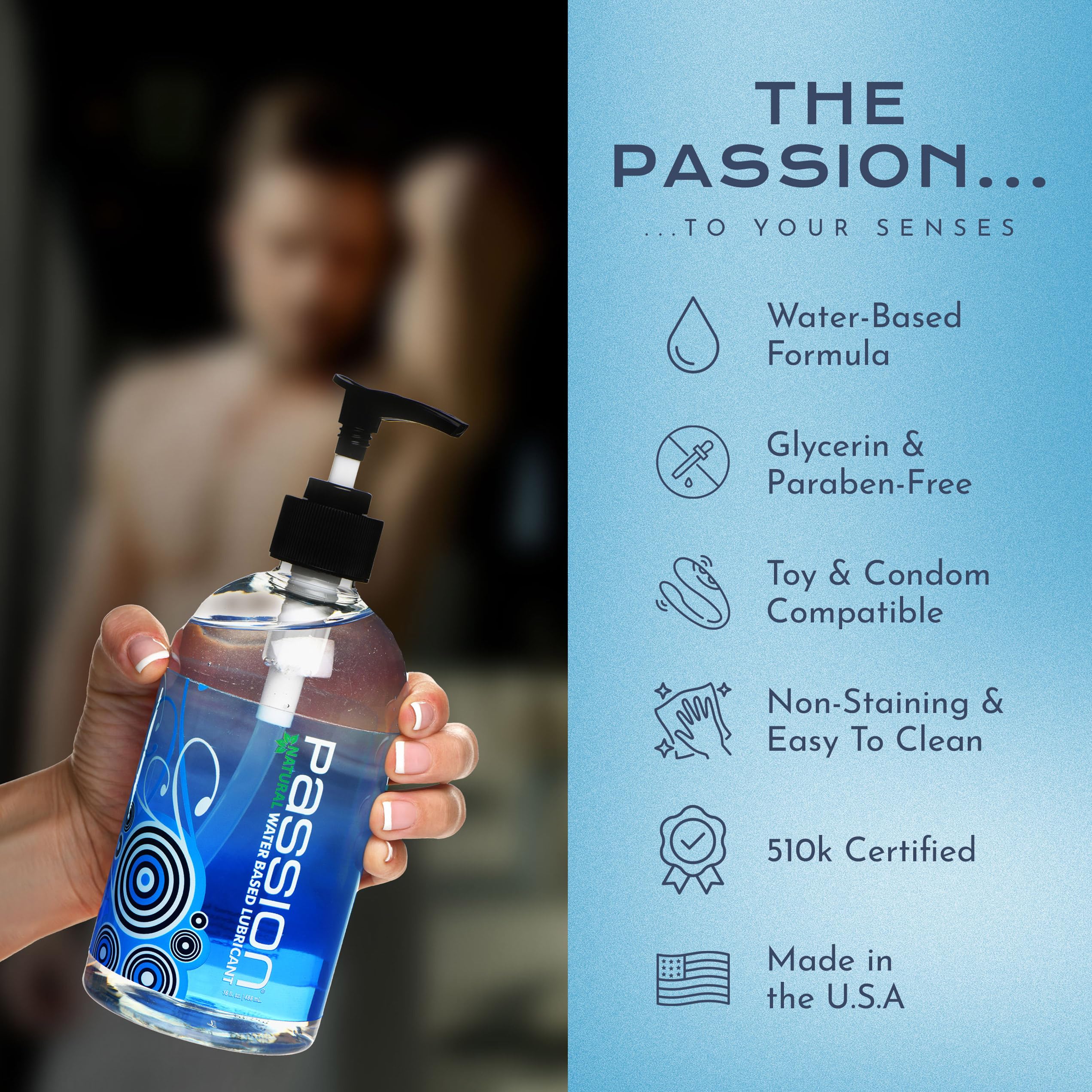 Passion 16 Oz Premium Water-Based Personal Lubricant For Men Women And Couples. Long Lasting Water Based Gel. Non Staining, Non Scented, Non Sticky. Easy Clean Up. Made In Usa