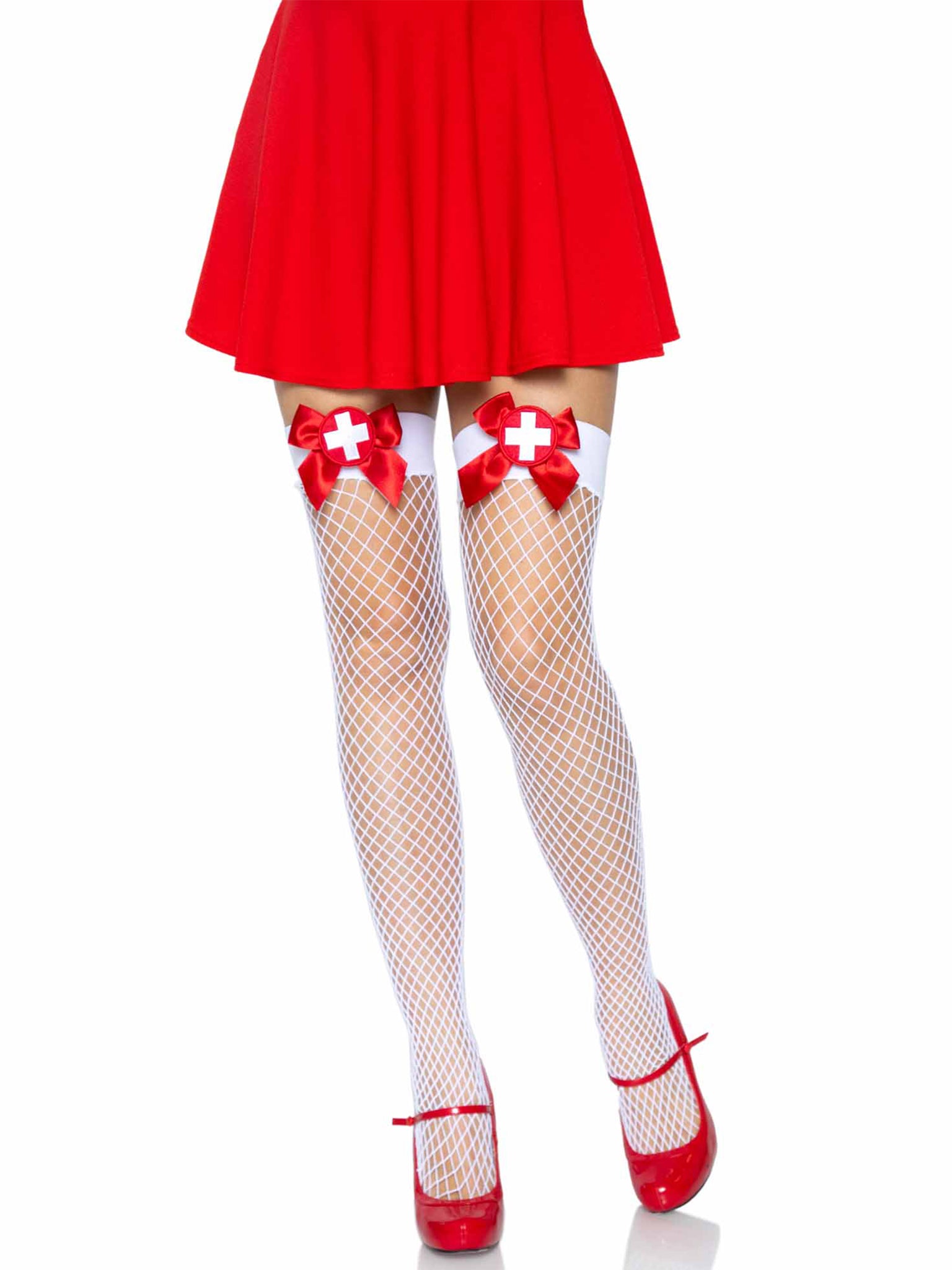 Bow Top Industrial Net Thigh Highs with Nurse Badge Accent
