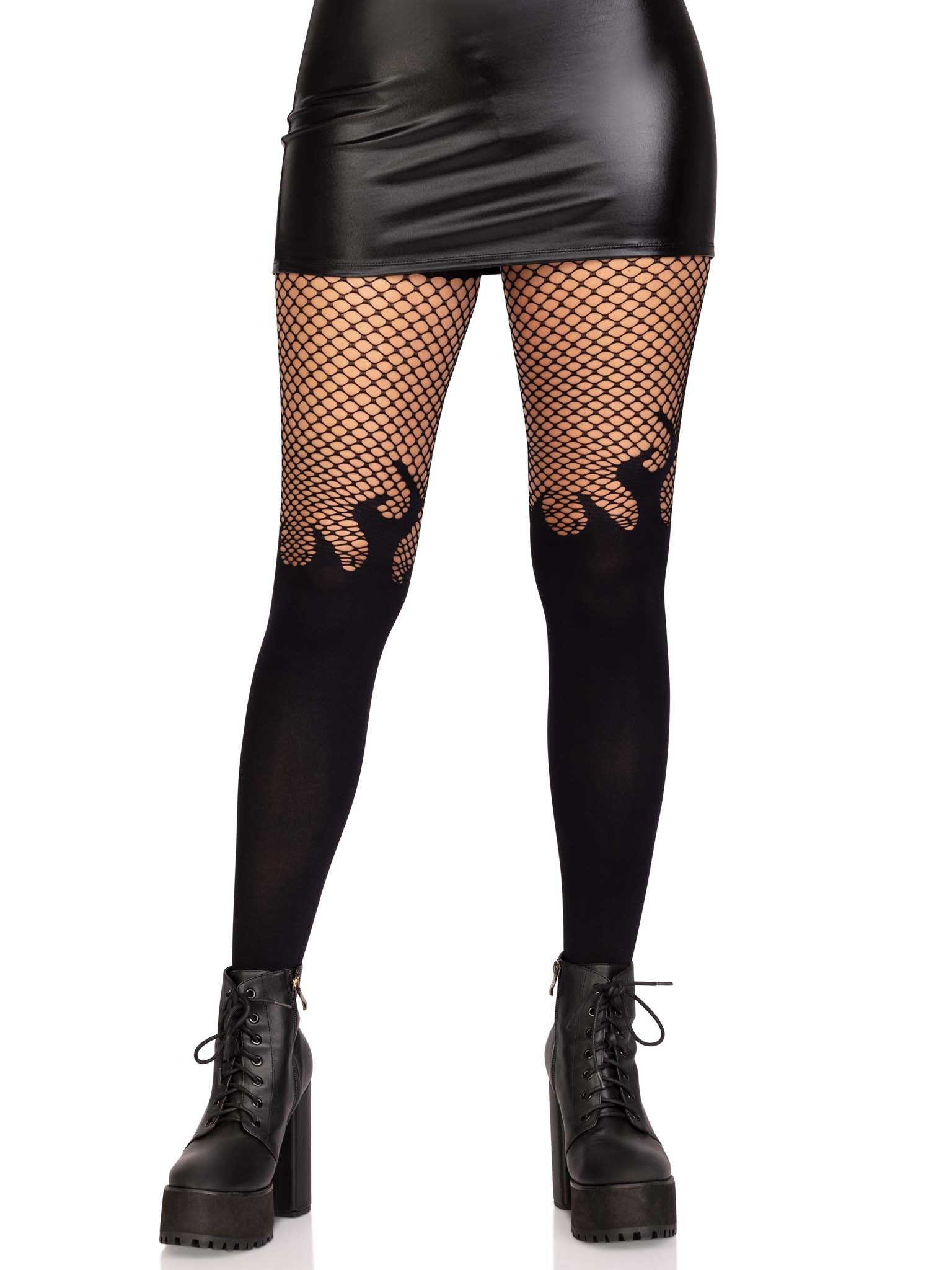 Opaque flame tights with fishnet top.