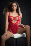 1pc Queen of Hearts Laced Teddy With Open Rear  View Half Open Cups - One Size - Candy Red