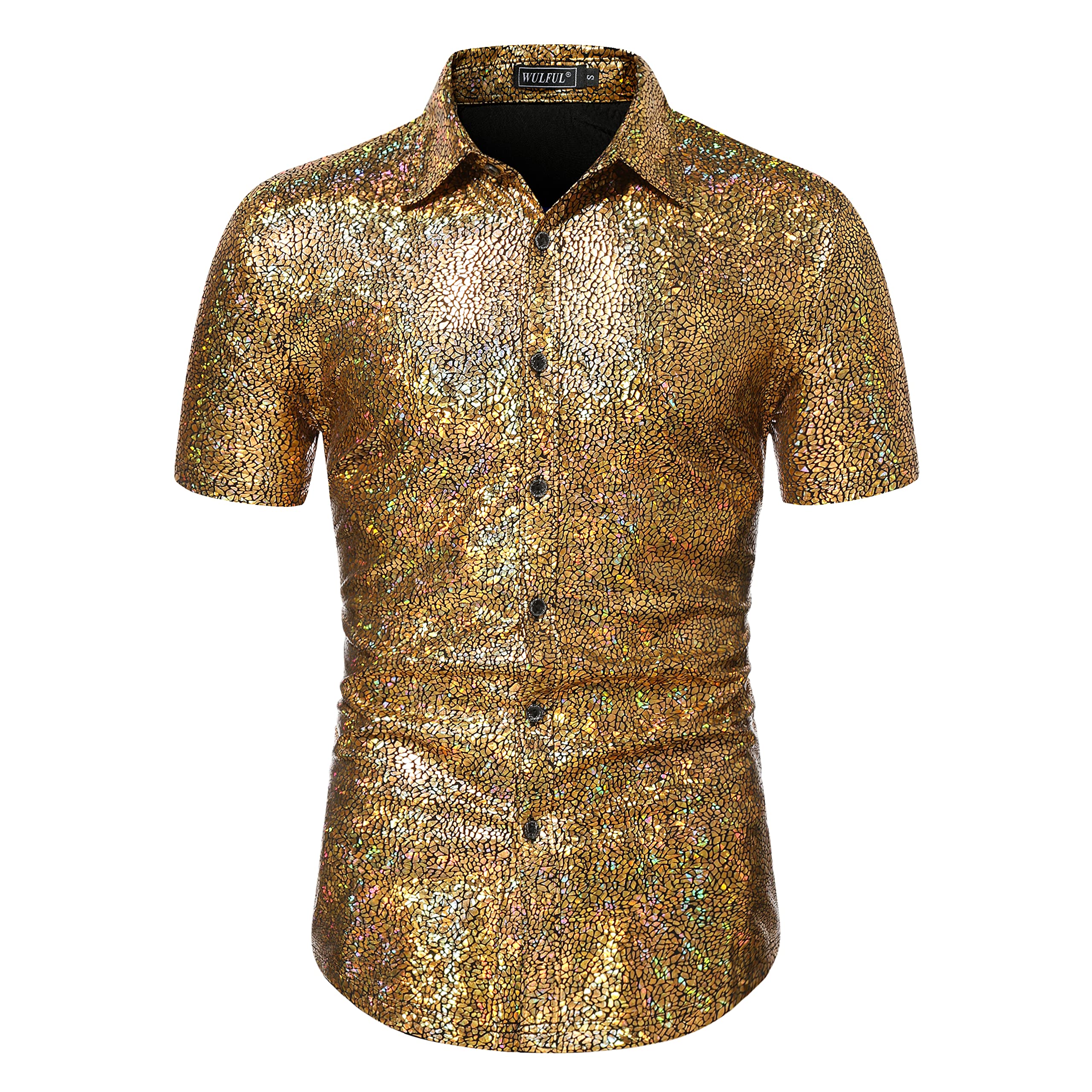 WULFUL Mens Disco Shirt Sequins Short Sleeve Button Down Shirts 70s Party Costume Dress Shirts