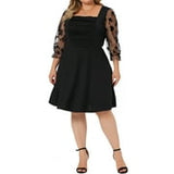 Agnes Orinda Women'S Plus Size Square Neck Sheer Long Sleeve Ruffle Flowy A-Line Midi Dress 1X Black