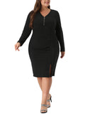 Agnes Orinda Women'S Plus Size Long Sleeve V Neck Zipper Sequin Sparkly Bodycon Dress 1X Black