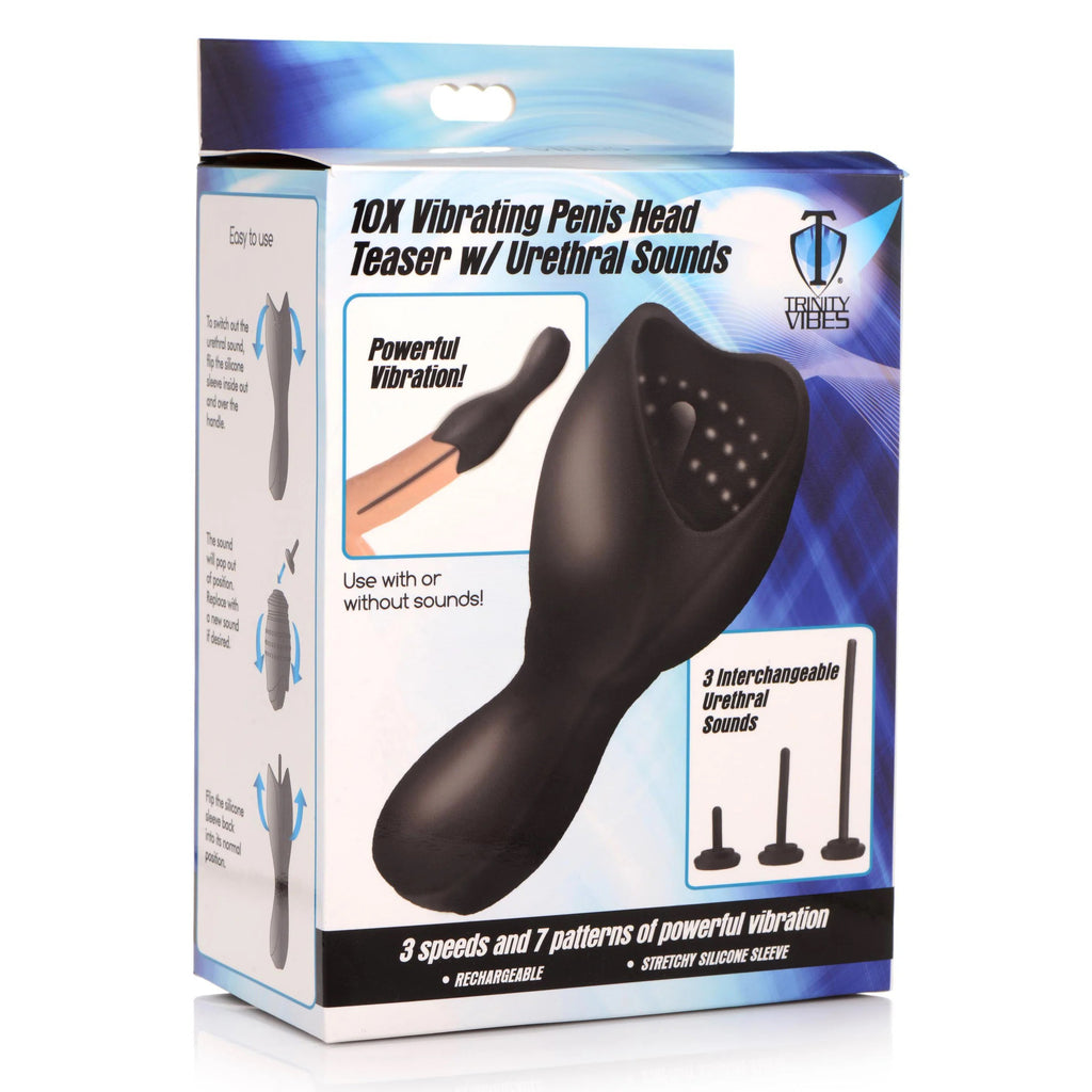 10X Vibrating Penis Head Teaser With Urethral Sounds - Black