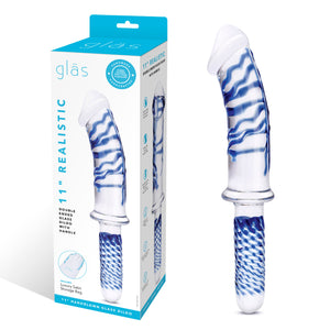 11 Inch Realistic Double Ended Glass Dildo With  Handle - Blueclear
